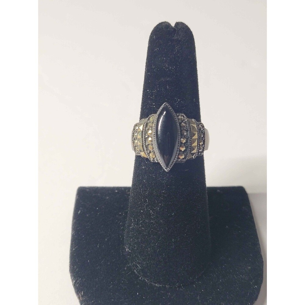 Vintage Sterling Silver Marquise Black Onyx & Marcasite Ring Size 7.5